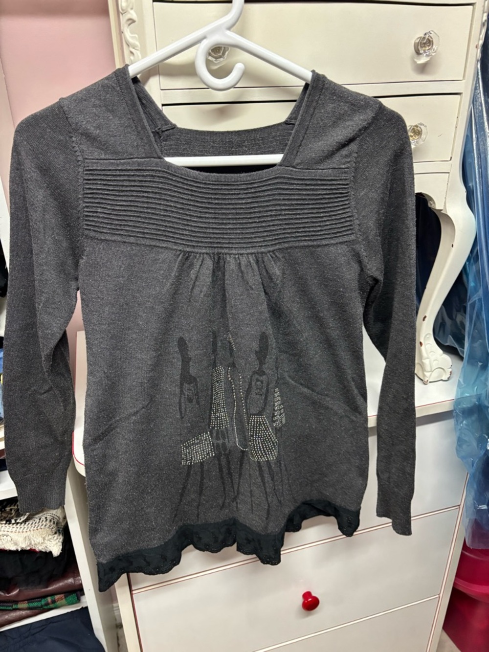 Dark Gray Long Sleeve Embellished Knit Top